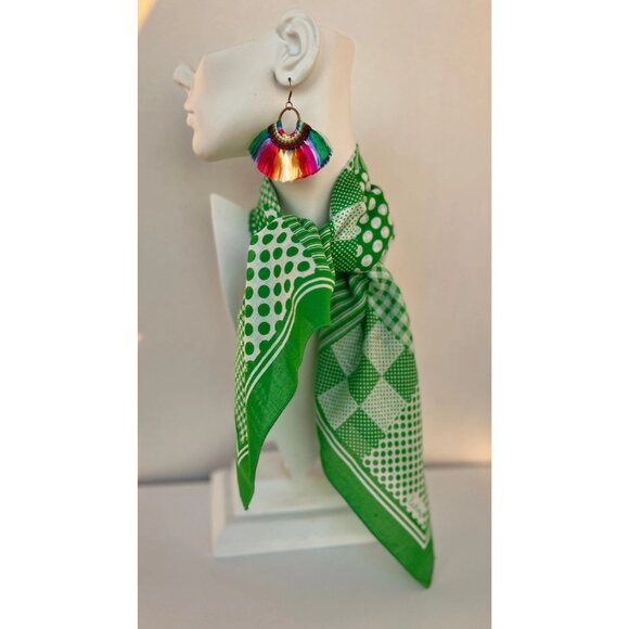 Vintage ECHO Cotton Scarf Green Bandana Patchwork Stripes Polka Dot 26 x 26 - Picture 5 of 8